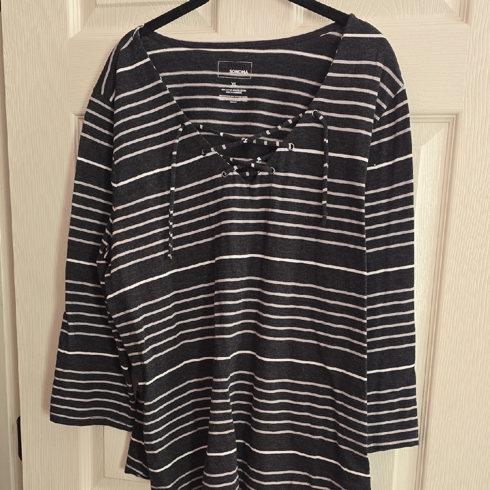 Sonoma Black and White Striped Long Sleeve‎ Top
